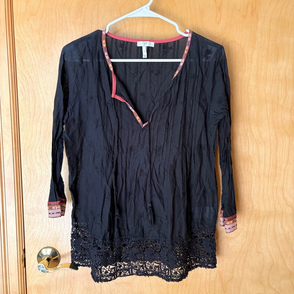 Joie Peasant Blouse Womens XS Black Embroidered Crochet Lace Tassel‎ V-Neck A429